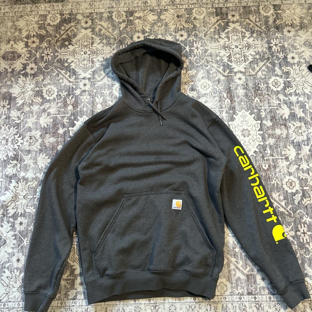 Carhartt Hoodie Mens Size S Gray Loose Fit Neon Sleeve Logo Workwear
